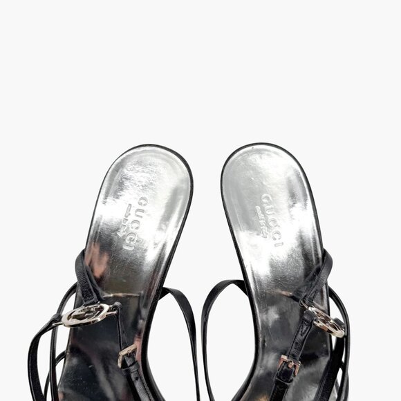 Gucci Strappy Interlocking GG Sandals Size 38.5 US 8.5 Black Leather High Heel - Picture 15 of 15